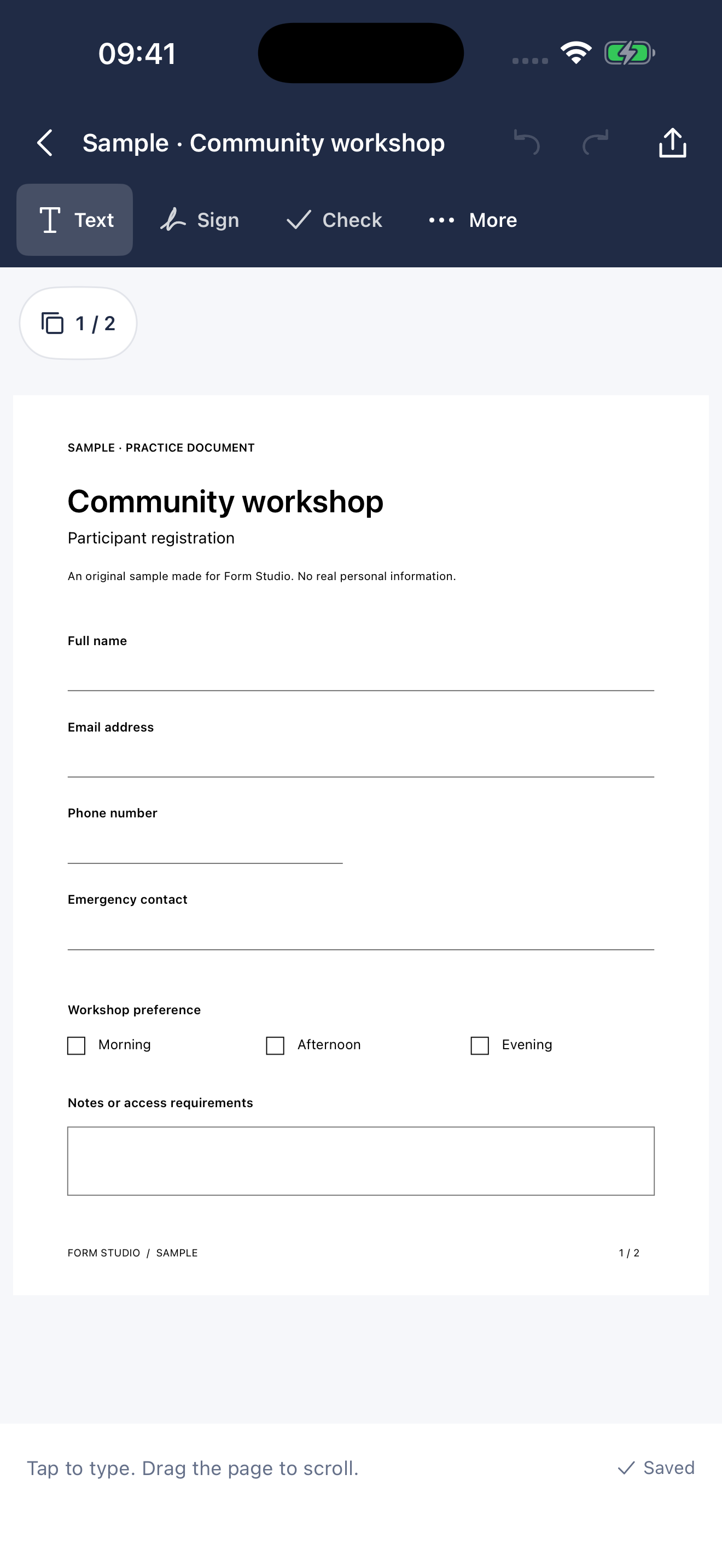 A blank sample paper form in the Form Studio editor