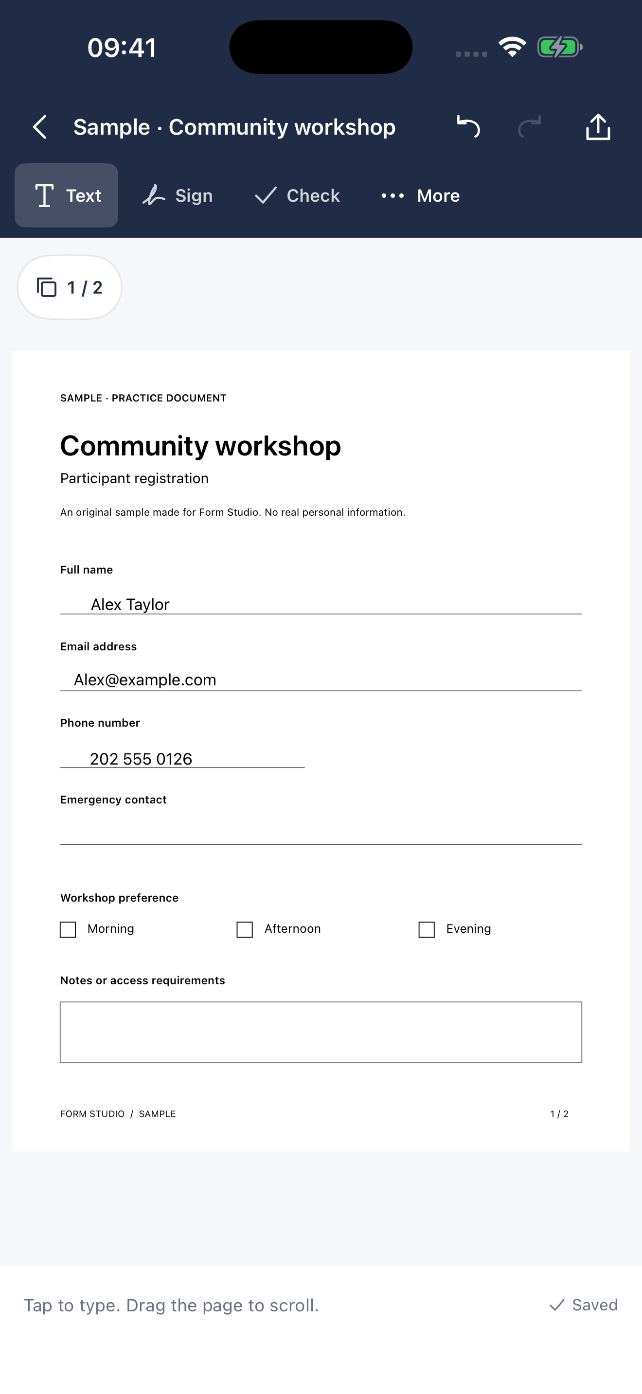 A sample form with fictional name, email and phone answers typed on the page