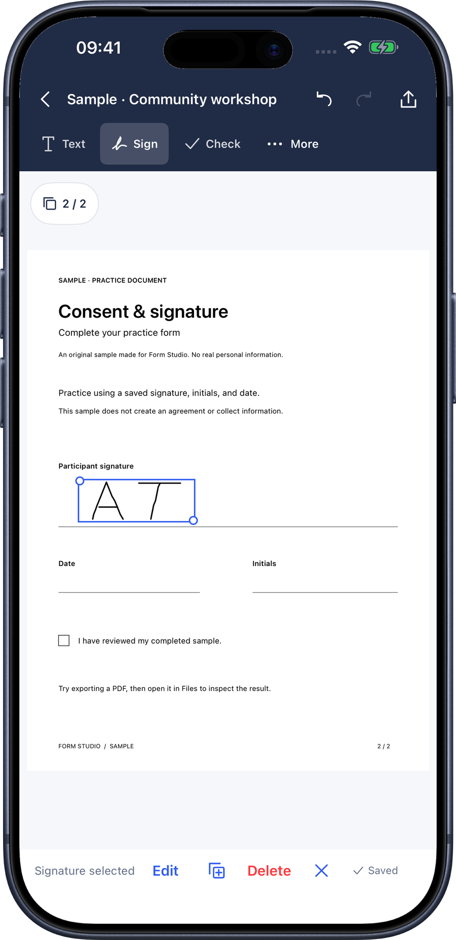 Form Studio on iPhone, showing a handwritten signature placed on a sample permission form